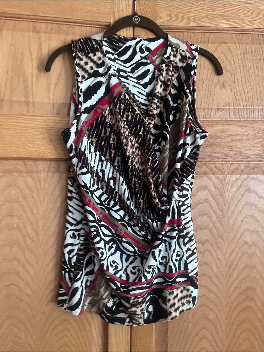 Sleeveless Animal-Print Drape Front Tank in Black, White & Red